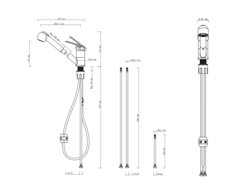 Desen tehnic al unui robinet de bucătărie cu dimensiuni