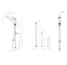 Desen tehnic al unui robinet de bucătărie cu duș extractibil și indicații dimensionale
