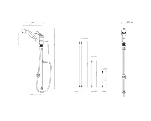 Desen tehnic al unui robinet de bucătărie cu duș extractibil și indicații dimensionale