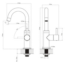 Desen tehnic al unei baterii de bucătărie cu dimensiuni