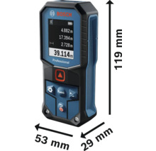 Telemetru profesional Bosch cu dimensiunile de 119 mm înălțime, 53 mm lățime și 29 mm adâncime.