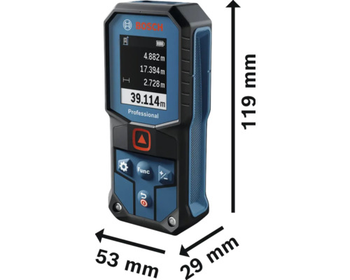 Telemetru profesional Bosch cu dimensiunile de 119 mm înălțime, 53 mm lățime și 29 mm adâncime.