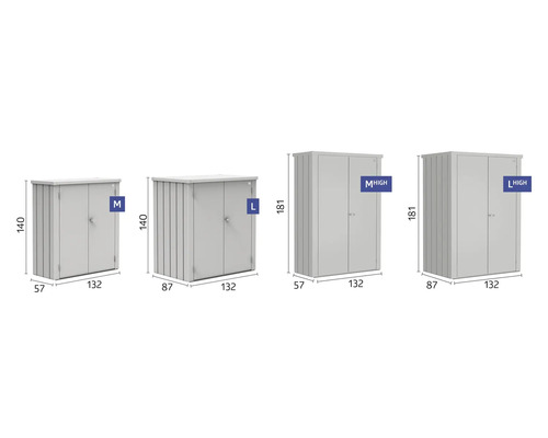 Diverse dimensiuni de cutii metalice pentru scule cu uşă şi indicaţii de dimensiuni.