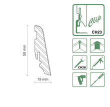Șipcă de profil cu dimensiunile 58 mm x 19 mm și simboluri pentru montaj