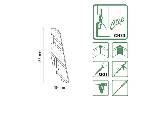 Șipcă de profil cu dimensiunile 58 mm x 19 mm și simboluri pentru montaj