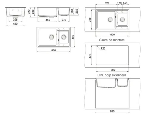 Desen tehnic al unei chiuvete cu dimensiuni
