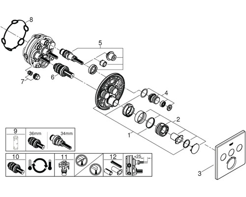 Diagramă explodată a unei armături cu piese individuale și dimensiuni