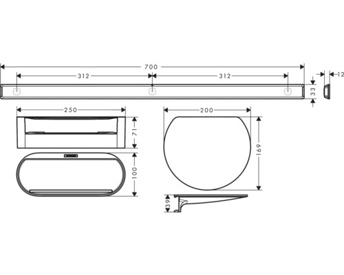 Desen tehnic al unui set de baie cu lavoar, oglindă și toaletă cu dimensiuni