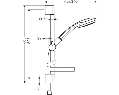 Desen tehnic al unei bare de duș cu duș de mână și indicații de dimensiuni