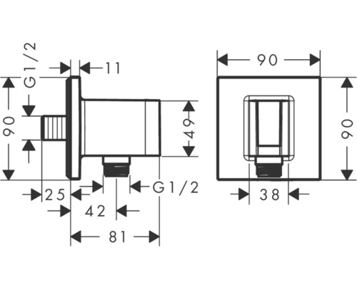 Desen tehnic al unui robinet de colț cu dimensiuni