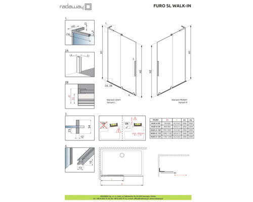 Desen tehnic Radaway Furo SL Walk-In cabină de duș cu dimensiuni