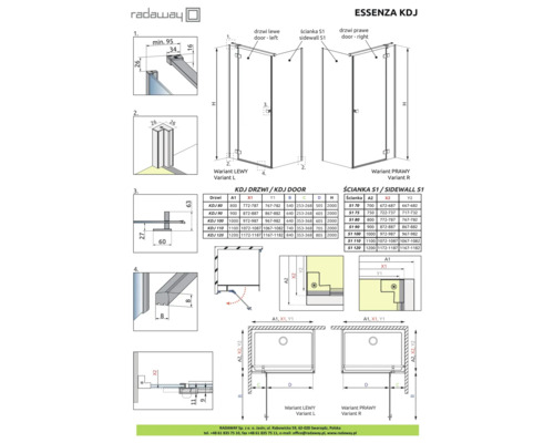 Desen tehnic al cabinei de duș Essenza KDJ cu dimensiuni și variante