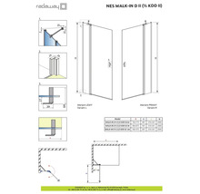 Desen tehnic al peretelui de duș Radaway NES Walk-In D II cu dimensiuni