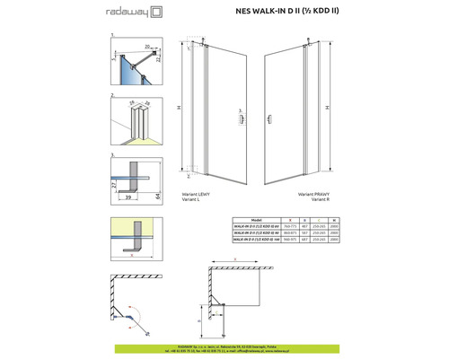 Desen tehnic al peretelui de duș Radaway NES Walk-In D II cu dimensiuni
