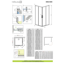 Desen tehnic al unei cabine de duș Radaway Idea KDD cu dimensiuni