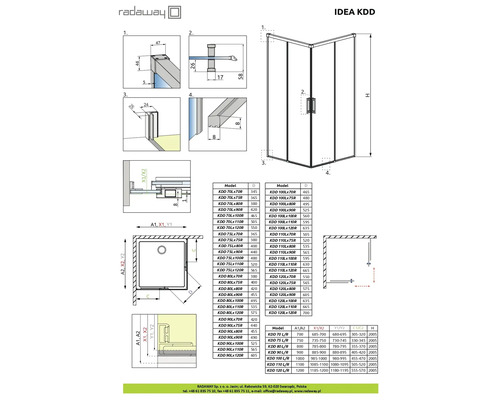 Desen tehnic al unei cabine de duș Radaway Idea KDD cu dimensiuni