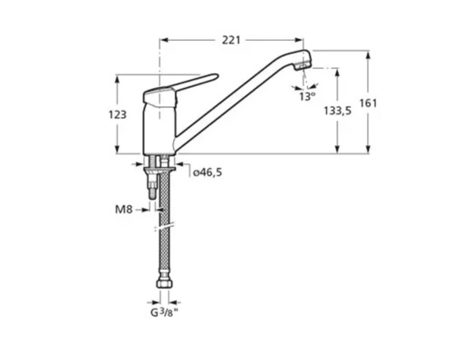 Desen tehnic al unei baterii de bucătărie cu dimensiuni.