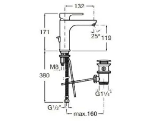 Desen tehnic al unei baterii de lavoar cu dimensiuni indicate