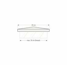 Desen tehnic al unui raft triunghiular cu dimensiunile de 35 cm lățime și maximum 29 cm adâncime