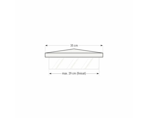 Desen tehnic al unui raft triunghiular cu dimensiunile de 35 cm lățime și maximum 29 cm adâncime