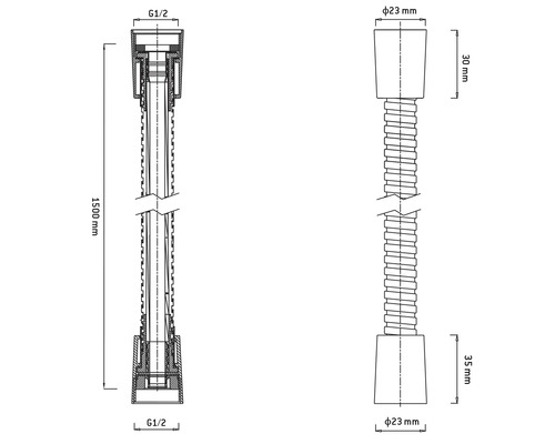Desen tehnic al unei țevi de prelungire pentru sifon cu dimensiunile de 1500 mm lungime și racord G1/2