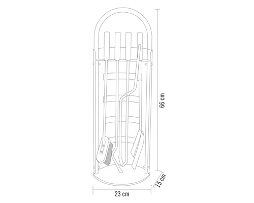 Dimensiunile unui suport pentru unelte de șemineu cu accesorii, înălțime 66 centimetri, lățime 23 centimetri, adâncime 15 centimetri