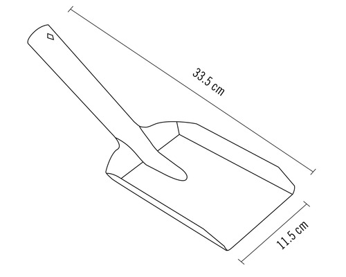 Schiță a unei lopeți de plantat cu dimensiunile de 33,5 cm lungime și 11,5 cm lățime