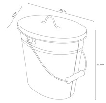 Schiță a unei găleți metalice cu capac și dimensiunile de 33,5 cm lățime, 23,5 cm adâncime și 30,5 cm înălțime