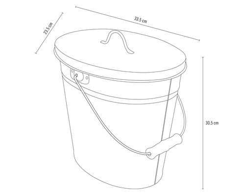 Schiță a unei găleți metalice cu capac și dimensiunile de 33,5 cm lățime, 23,5 cm adâncime și 30,5 cm înălțime