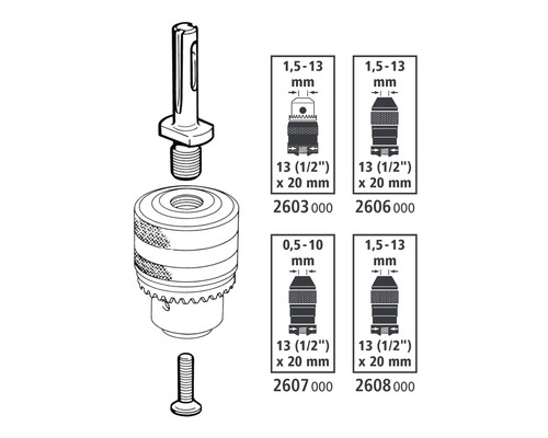 Mandrină de găurit cu atașament și șurub, precum și reprezentări schematice ale diferitelor dimensiuni