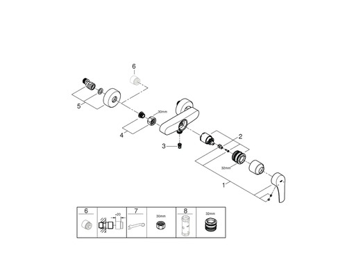 Desen explodat al unui robinet cu piese și dimensiuni