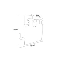 Desen tehnic al unui suport de hârtie igienică cu dimensiunile de 140 mm înălțime, 70 mm lățime și 150 mm adâncime.