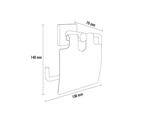 Desen tehnic al unui suport de hârtie igienică cu dimensiunile de 140 mm înălțime, 70 mm lățime și 150 mm adâncime.