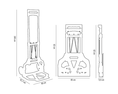 Desen tehnic al unui cărucior cu dimensiunile înălțimii și lățimii