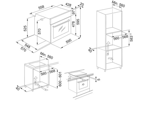Desen tehnic al unui cuptor incorporabil cu dimensiuni