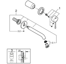 Desen explodat al unui robinet cu diverse componente și dimensiuni.
