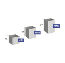 Trei jardiniere de dimensiuni mini, midi și maxi, cu indicarea înălțimii