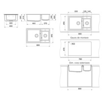 Desen tehnic al unei chiuvete cu două cuve și dimensiuni