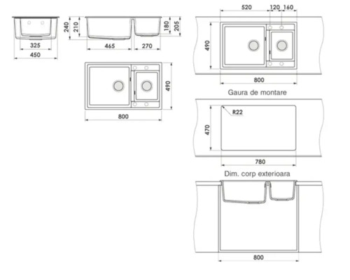 Desen tehnic al unei chiuvete cu două cuve și dimensiunile corespunzătoare