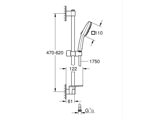 Desen tehnic al unui set de duș cu dimensiuni