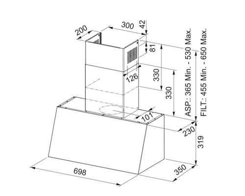 Desen tehnic al unei hote de aragaz cu dimensiuni