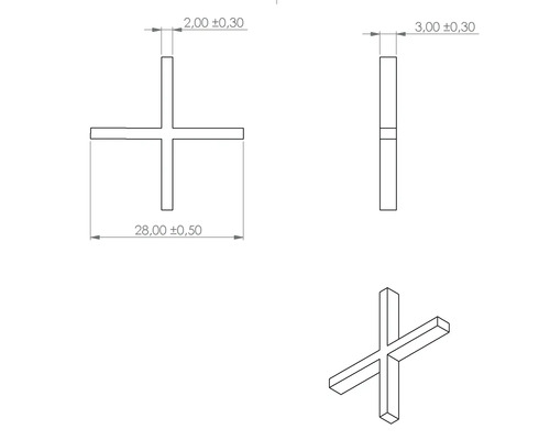 Desen tehnic al unei distanțiere de rosturi cu dimensiuni