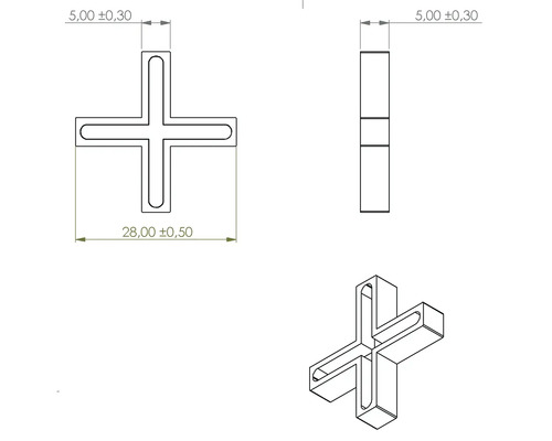 Desen tehnic al unei distanțiere de rosturi pentru plăci ceramice cu indicații de dimensiuni