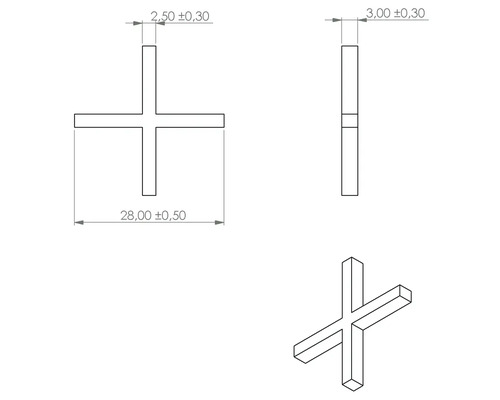 Desen tehnic al unui distanțier de rosturi cu specificații dimensionale