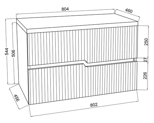 Desen tehnic al unui dulap de bază pentru lavoar cu dimensiuni.