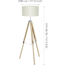 Lampă de podea cu abajur și trepied din lemn, înălțime 143,5 cm, diametru 45 cm