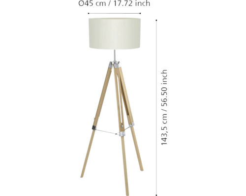 Lampă de podea cu abajur și trepied din lemn, înălțime 143,5 cm, diametru 45 cm