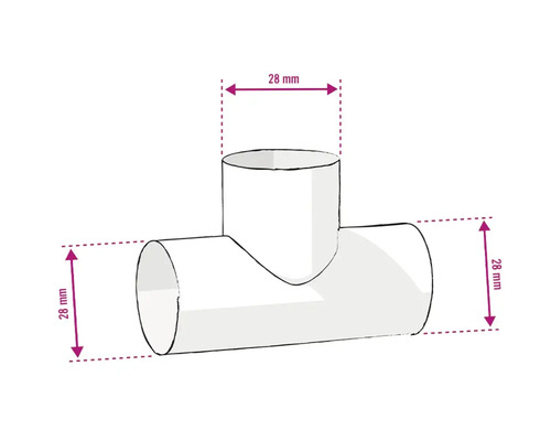Ilustrație cu un racord T alb, cu diametrul de 28 milimetri