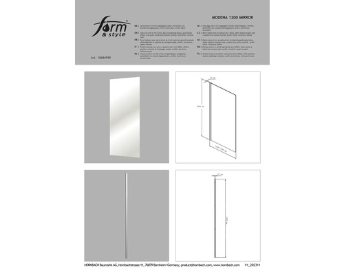 Perete lateral cu oglindă Modena 1200 cu sticlă oglindă și profil din aluminiu