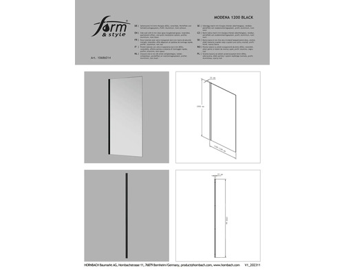 Perete lateral cu sticlă transparentă de 6mm (ESG), reversibil, efect perlat și sistem de montaj rapid, profil: aluminiu, negru mat